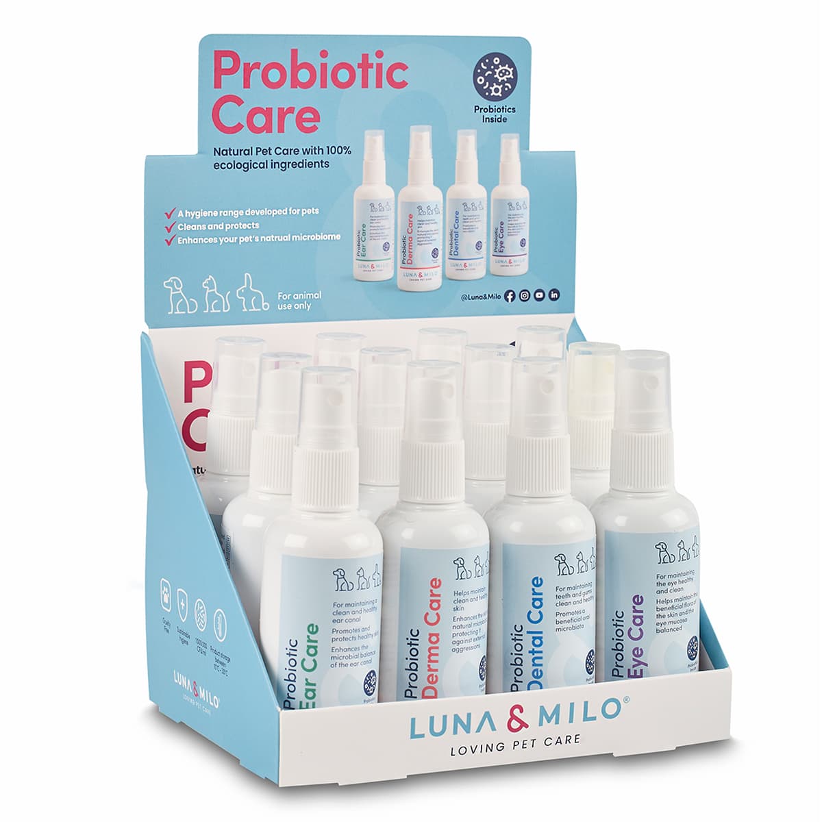 Luna & Milo Probiotic Care 100ml - Display with 12 units per display - 3 Derma / 3 Dental / 3 Ear /3 Eye